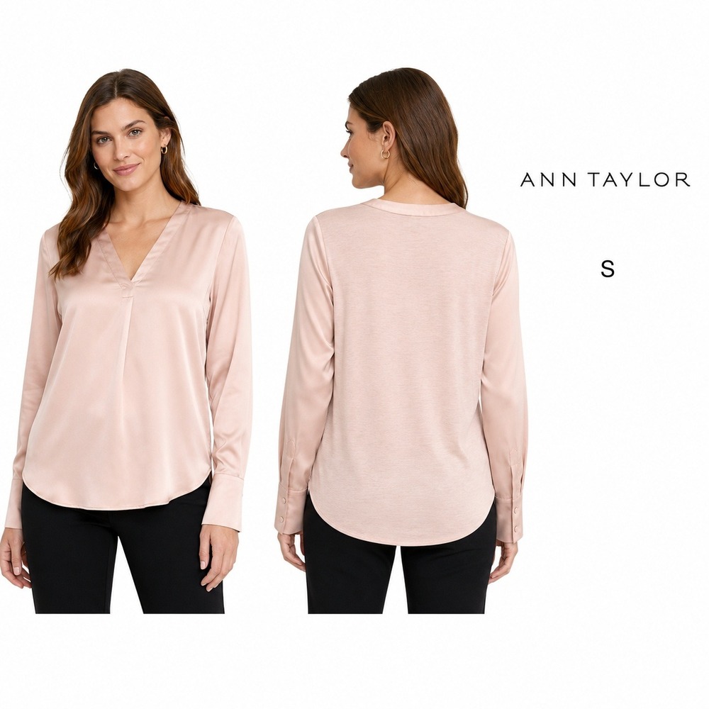 Ann Taylor Blouse Womens S Pink Satin/Jersey Top SoftGirl Coquette Office Ballet